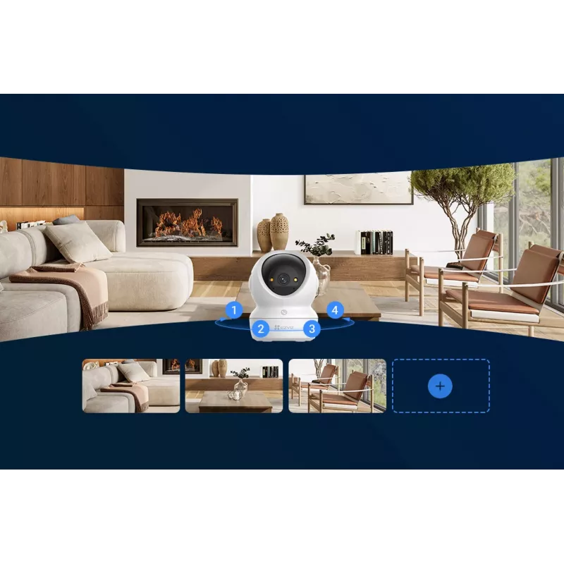 Câmara de vigilância IP esférica EZVIZ H6c G1 4K para interior, 4K UHD, 3840x2160, Wi-Fi, Ethernet, visão noturna, áudio bidirecional, deteção por IA, montagem em teto/parede/mesa