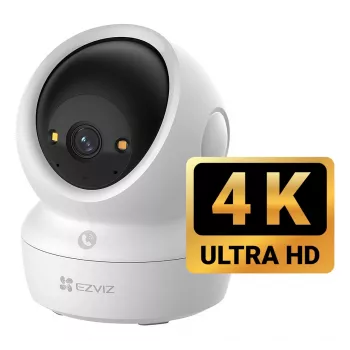 Câmara de vigilância IP esférica EZVIZ H6c G1 4K para interior, 4K UHD, 3840x2160, Wi-Fi, Ethernet, visão noturna, áudio bidirecional, deteção por IA, montagem em teto/parede/mesa