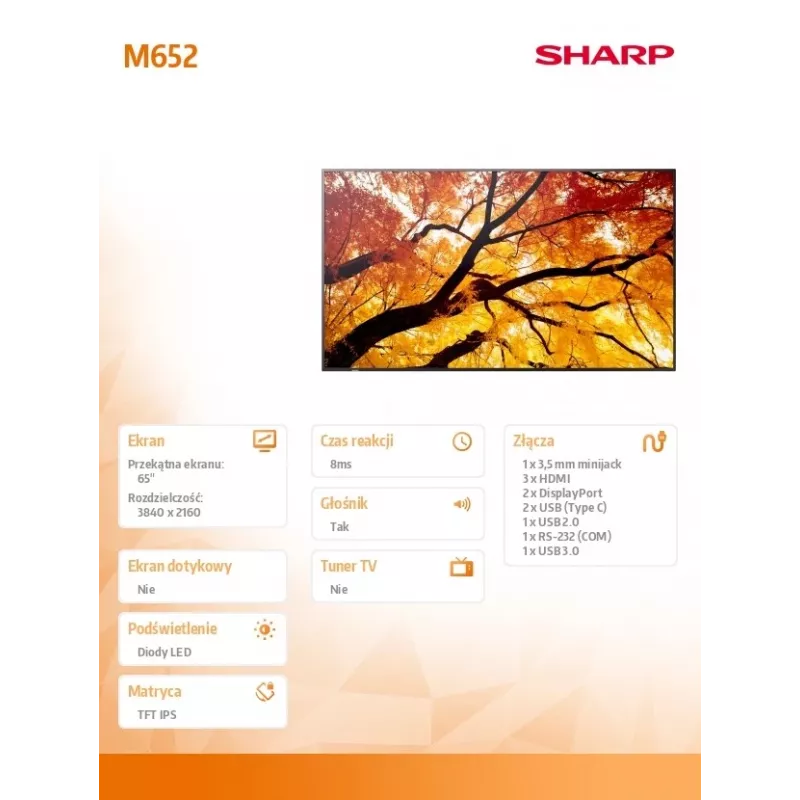 Sharp MultiSync M652 65 polegadas 4K UHD Ecrã profissional 550 cd/m² 24/7