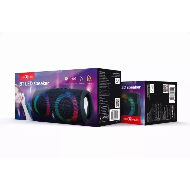 Gembird SPK-BT-LED-02 Coluna portátil Bluetooth para festas, 10 W, Preto