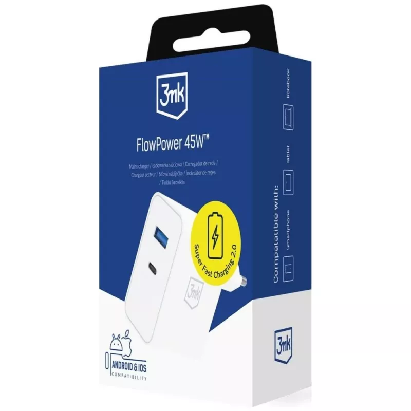 Carregador 3MK FlowPower 45W PD 3.0 QC4+ GaN branco