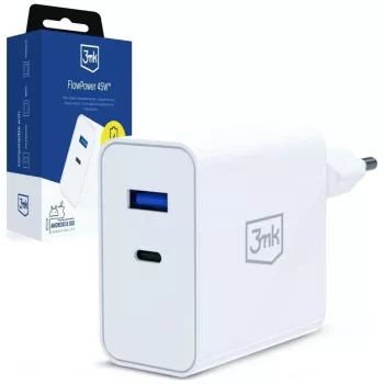 Carregador 3MK FlowPower 45W PD 3.0 QC4+ GaN branco