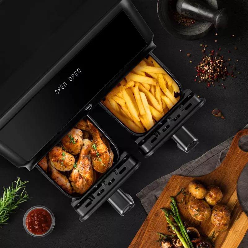 Fritadeira de ar quente dupla ELDOM FR210 DualCrisp, 2200 W, capacidade 8 L, ecrã LED, preta