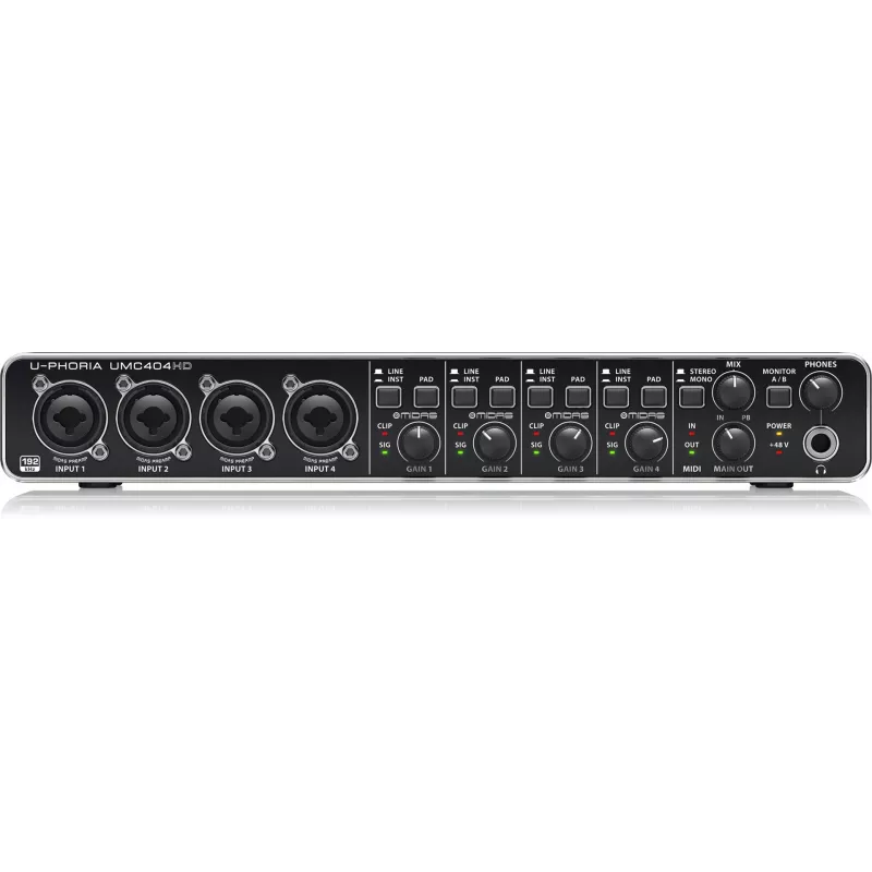 Behringer UMC404HD Interface de áudio USB 4x4 24-bit/192 kHz com pré-amplificadores MIDAS
