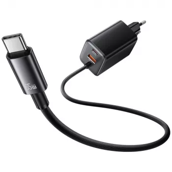 USAMS Série JC CC266 Carregador rápido GaN 65W com cabo USB-C integrado, preto