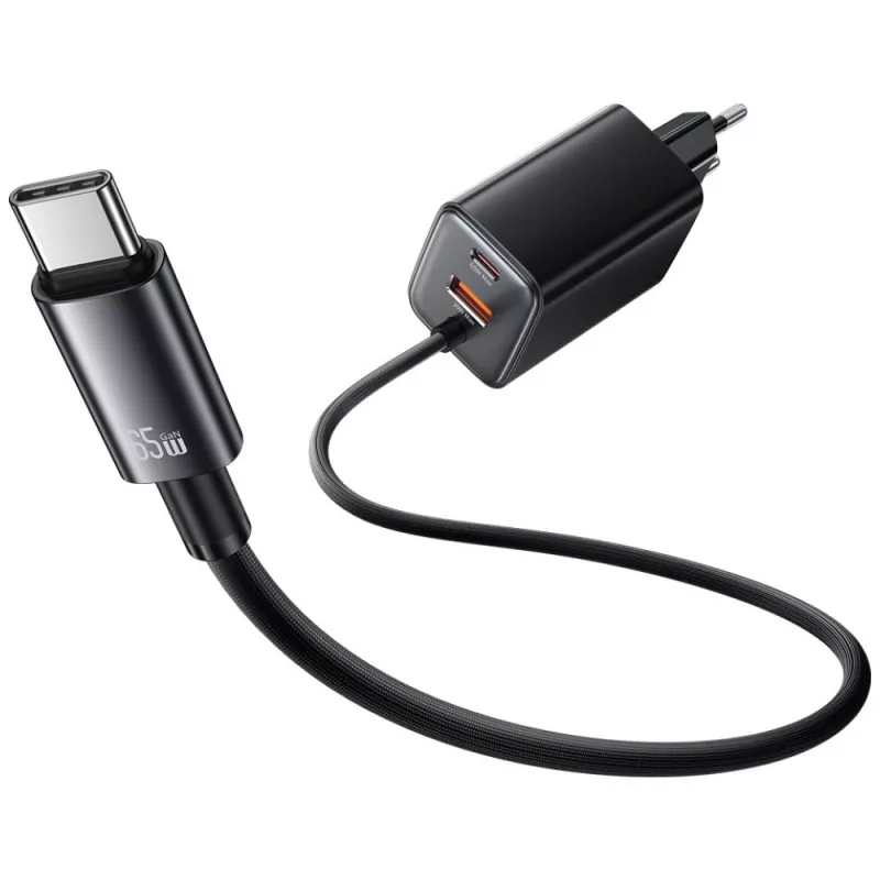 USAMS Série JC CC266 Carregador rápido GaN 65W com cabo USB-C integrado, preto