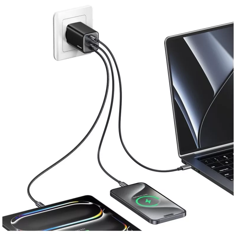 USAMS Série JC CC266 Carregador rápido GaN 65W com cabo USB-C integrado, preto