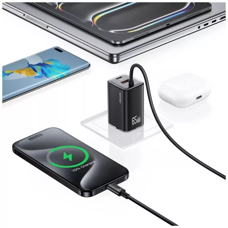 USAMS Série JC CC266 Carregador rápido GaN 65W com cabo USB-C integrado, preto