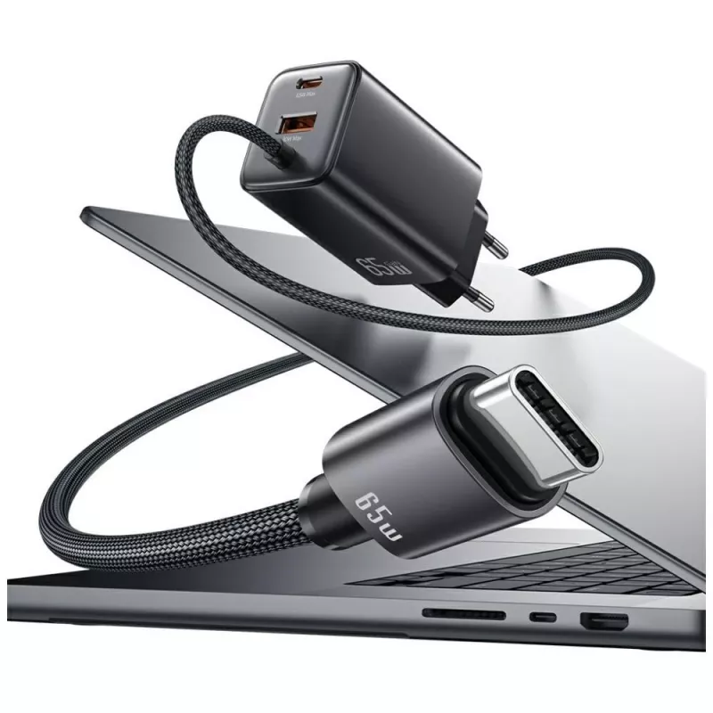 USAMS Série JC CC266 Carregador rápido GaN 65W com cabo USB-C integrado, preto