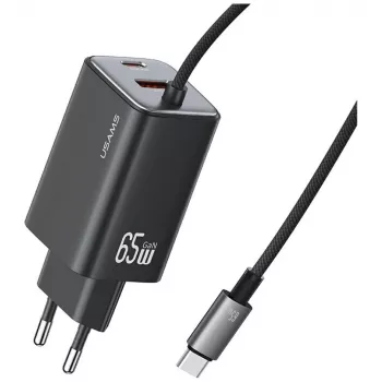 USAMS Série JC CC266 Carregador rápido GaN 65W com cabo USB-C integrado, preto