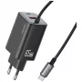 USAMS Série JC CC266 Carregador rápido GaN 65W com cabo USB-C integrado, preto