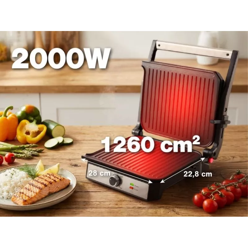 ELDOM GK200 GRILO Grelhador de contacto 2000W com termostato regulável, placas antiaderentes, preto/prateado