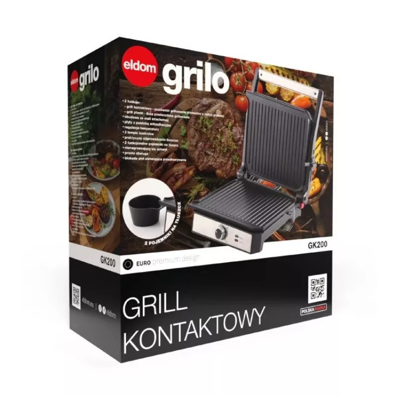 ELDOM GK200 GRILO Grelhador de contacto 2000W com termostato regulável, placas antiaderentes, preto/prateado