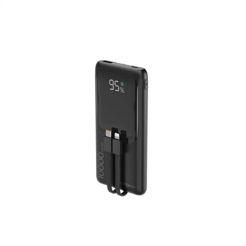 Powerbank Gembird PB10-PD20-LCD-01 com cabos integrados, carregamento rápido 20W, 10000 mAh, preto