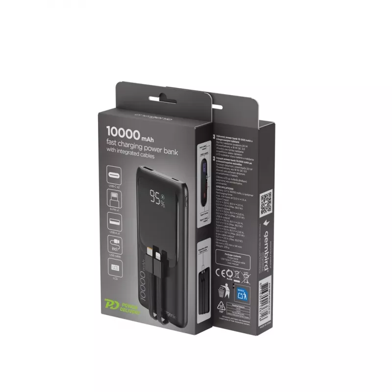 Powerbank Gembird PB10-PD20-LCD-01 com cabos integrados, carregamento rápido 20W, 10000 mAh, preto