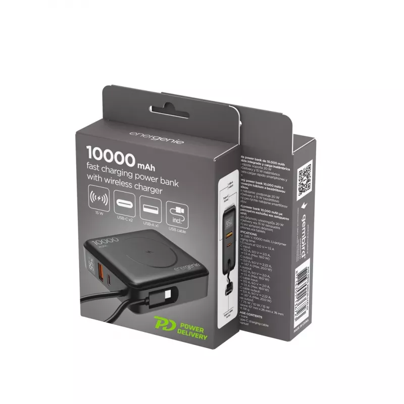 Powerbank de carregamento rápido Gembird PB10-WPC15-LCD-01 com carregador sem fios, 20 W, 10000 mAh, preto