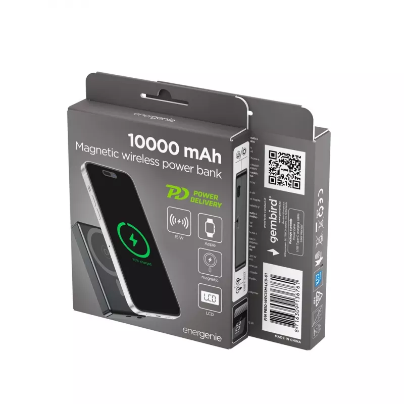 Powerbank magnética sem fios Gembird PB10-WPC15M-LCD-01 com LCD, 15W, 10000 mAh, preto