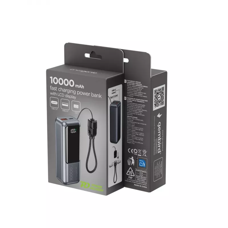 Powerbank compacta de carregamento rápido Gembird PB10-PD20-LCD-02 com ecrã LCD, 20W, 10000 mAh, Space Grey