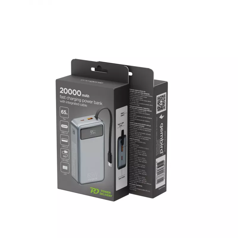 Powerbank de carregamento rápido Gembird PB20-PD65-LCD-01 com cabos integrados, 65W, 20000 mAh, preto