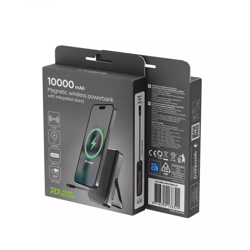 Powerbank magnética sem fios Gembird PB10-WPC15MS-01 com suporte integrado, 15W, 10000 mAh, preto