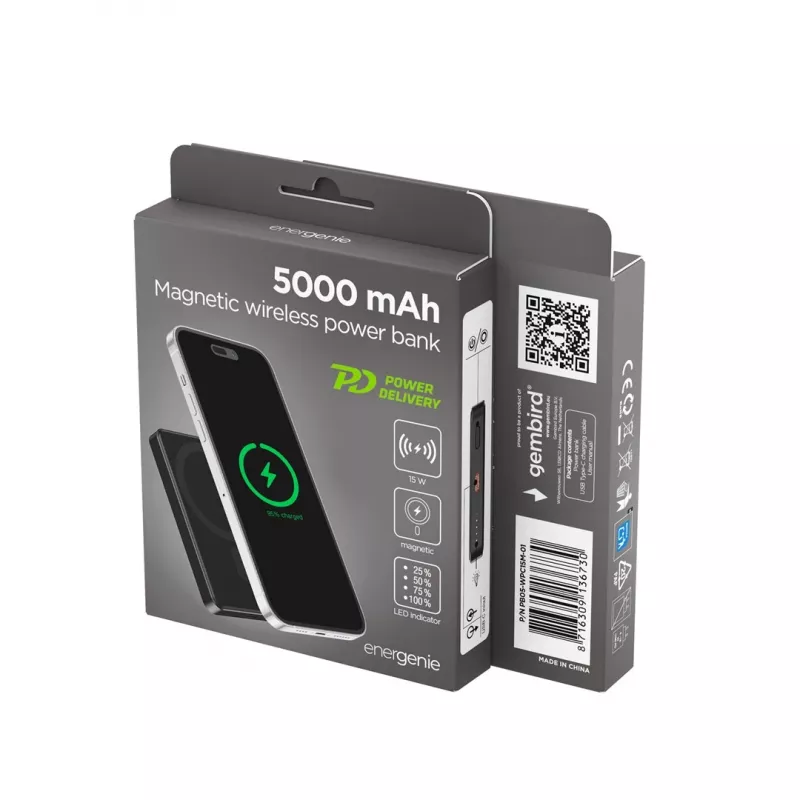 Gembird PB05-WPC15M-01 powerbank sem fios magnética 15W, 5000mAh, preto