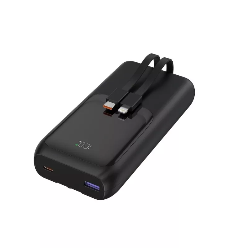 Gembird PB20-PD20-LCD-01 powerbank de carregamento rápido com cabos integrados, 20 W, 20000 mAh, preto