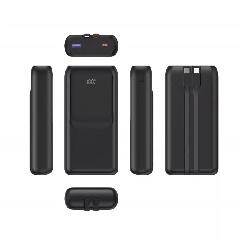 Gembird PB20-PD20-LCD-01 powerbank de carregamento rápido com cabos integrados, 20 W, 20000 mAh, preto