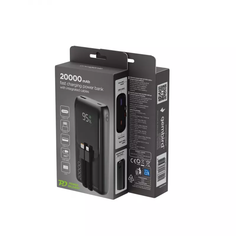 Gembird PB20-PD20-LCD-01 powerbank de carregamento rápido com cabos integrados, 20 W, 20000 mAh, preto