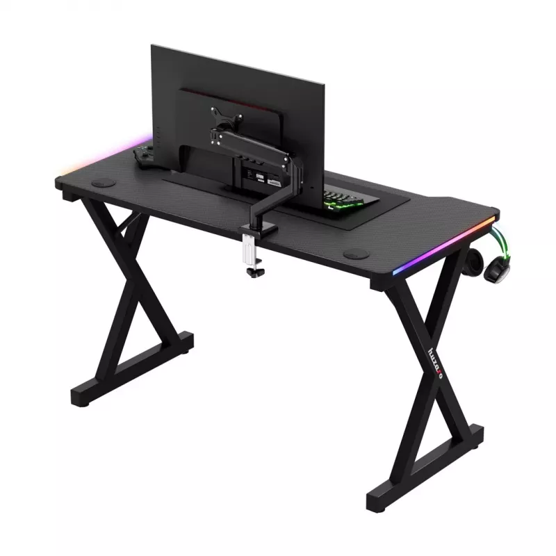 Secretária gaming HUZARO Hero 2.3 RGB - 1200x600mm, preto, Carbon Flex, RGB LED, altura fixa