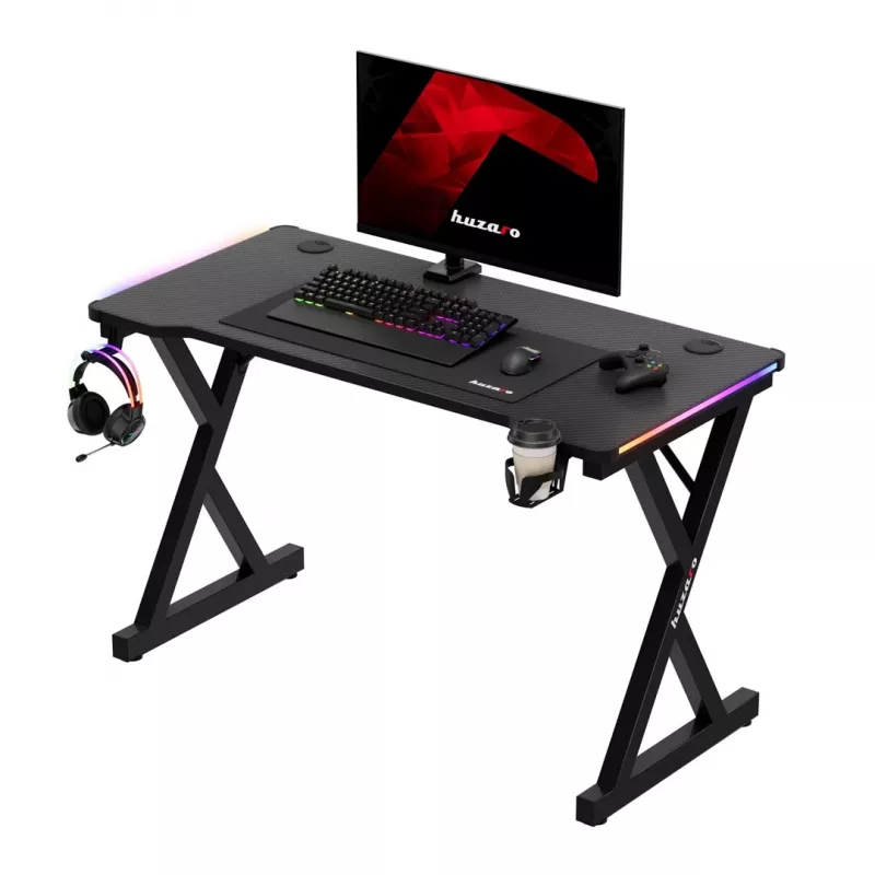 Secretária gaming HUZARO Hero 2.3 RGB - 1200x600mm, preto, Carbon Flex, RGB LED, altura fixa