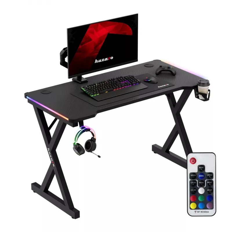 Secretária gaming HUZARO Hero 2.3 RGB - 1200x600mm, preto, Carbon Flex, RGB LED, altura fixa
