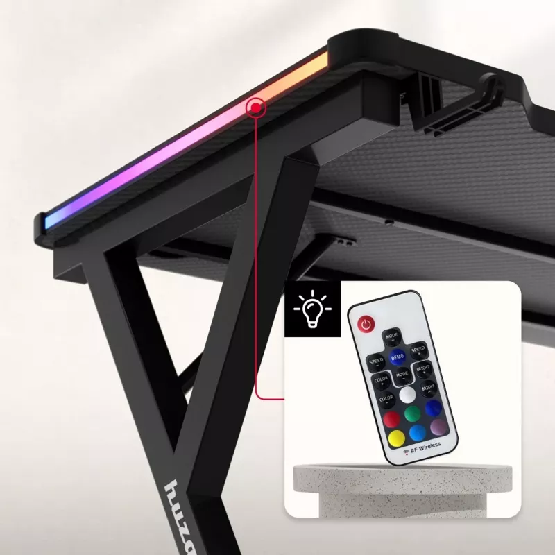 Secretária gaming HUZARO Hero 2.3 RGB - 1200x600mm, preto, Carbon Flex, RGB LED, altura fixa