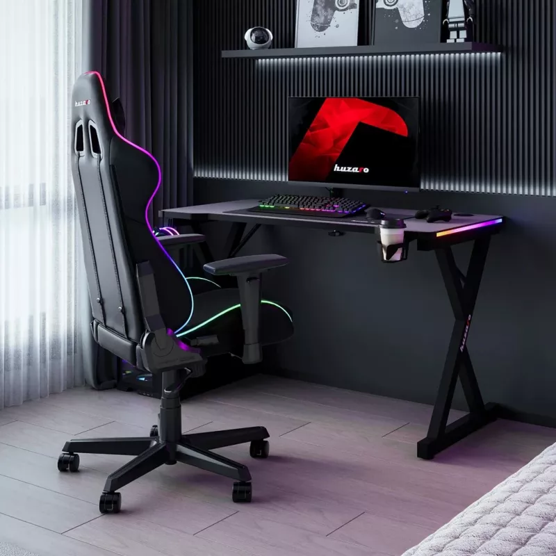 Secretária gaming HUZARO Hero 2.3 RGB - 1200x600mm, preto, Carbon Flex, RGB LED, altura fixa