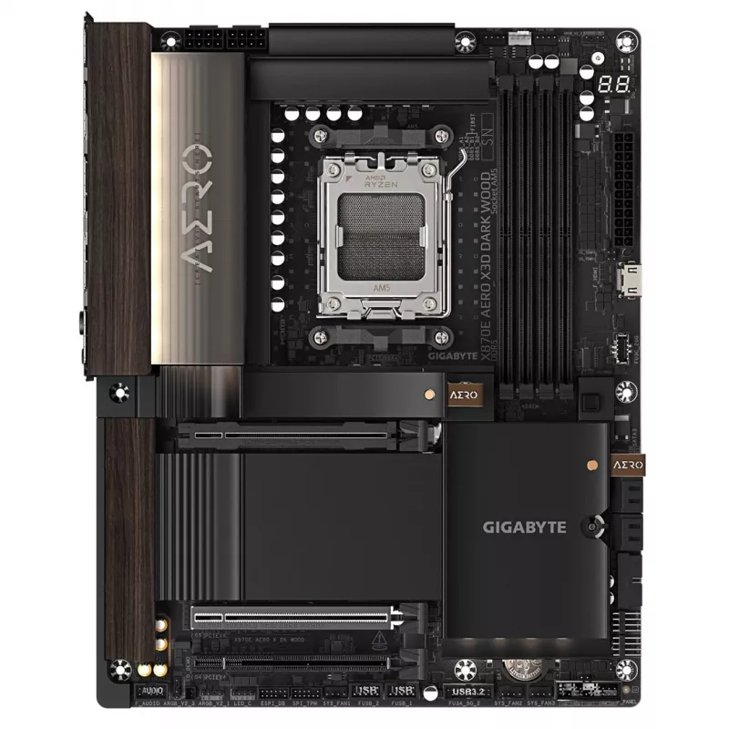 Placa-mãe Gigabyte X870E AERO X3D DARK WOOD - Compatível com CPUs AMD Ryzen 9000, VRM digital 16+2+2 fases, até 9000 MHz DDR5 (OC), 2x PCIe 5.0 + 2x PCIe 4.0, Wi-Fi 7, 5GbE LAN, USB 4
