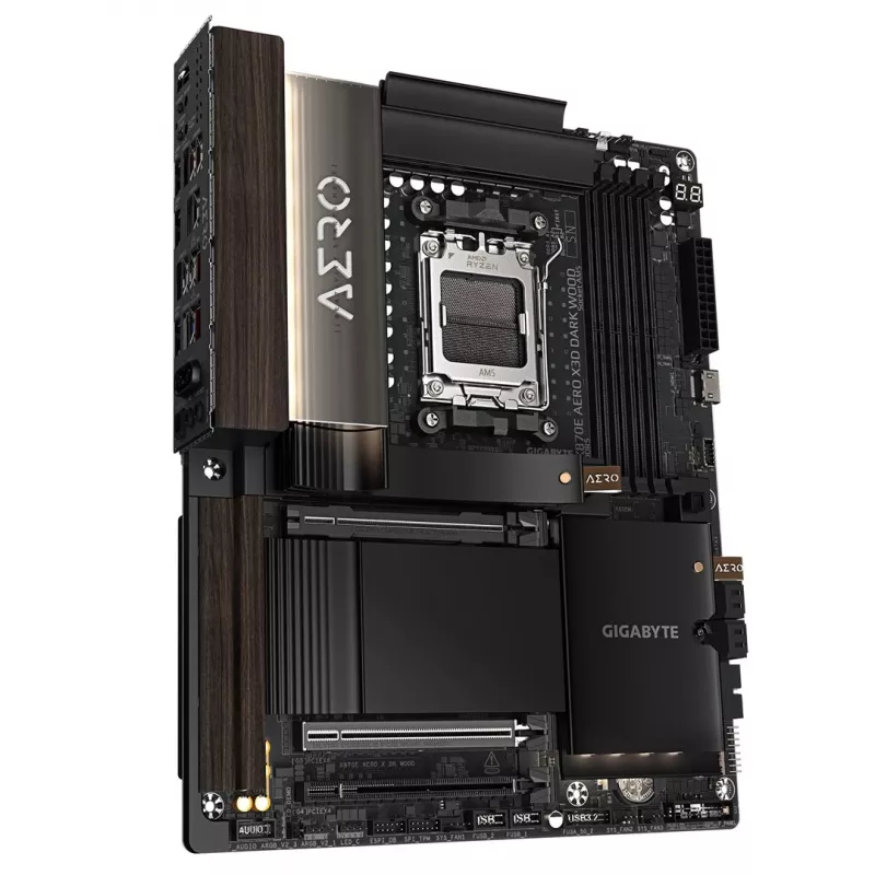Placa-mãe Gigabyte X870E AERO X3D DARK WOOD - Compatível com CPUs AMD Ryzen 9000, VRM digital 16+2+2 fases, até 9000 MHz DDR5 (OC), 2x PCIe 5.0 + 2x PCIe 4.0, Wi-Fi 7, 5GbE LAN, USB 4