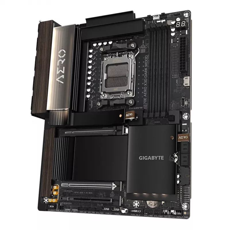 Placa-mãe Gigabyte X870E AERO X3D DARK WOOD - Compatível com CPUs AMD Ryzen 9000, VRM digital 16+2+2 fases, até 9000 MHz DDR5 (OC), 2x PCIe 5.0 + 2x PCIe 4.0, Wi-Fi 7, 5GbE LAN, USB 4