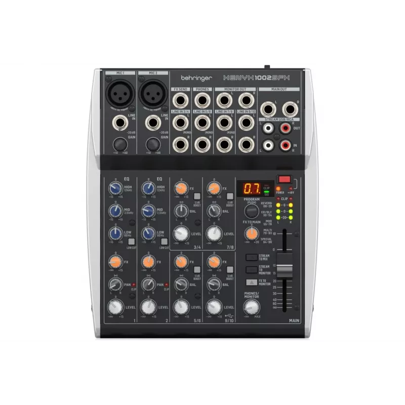 Misturadora de áudio Behringer XENYX 1002SFX com 10 entradas, 2 pré-amplificadores de microfone XENYX, EQ de 3 bandas, processador de efeitos KLARK TEKNIK, 100 presets