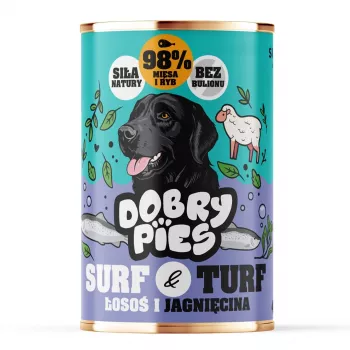 DOBRY PIES Surf & Turf Salmão e Cordeiro Comida Húmida para Cães 400g