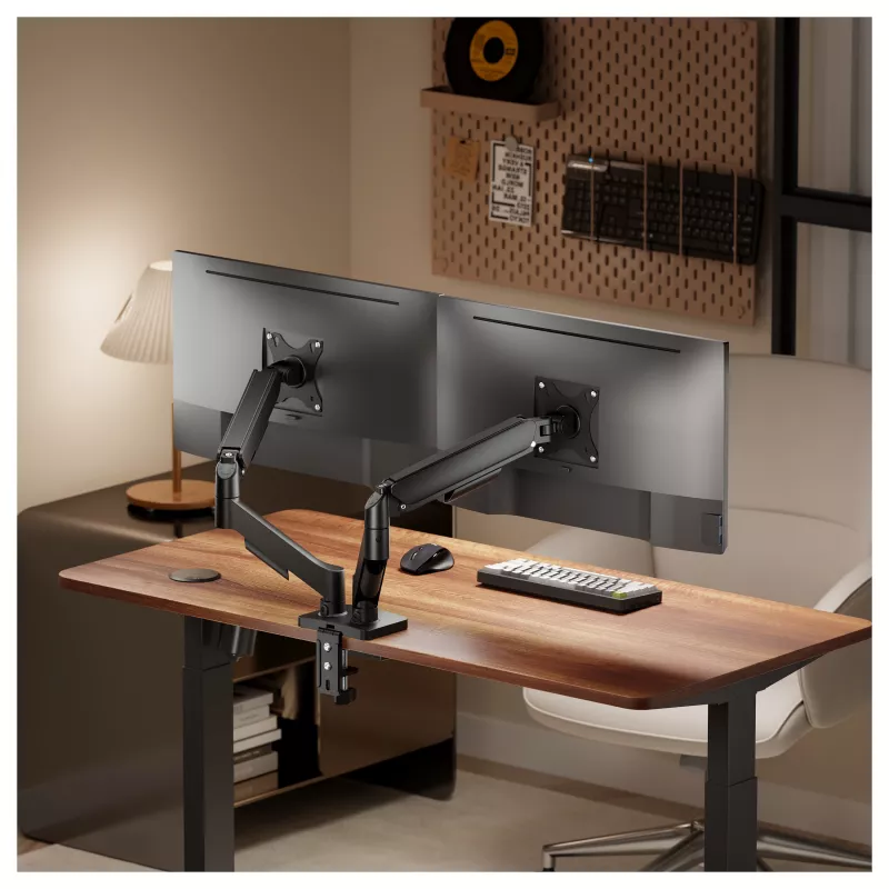 Equip Suporte de Mesa para Dois Monitores para Ecrãs de 17-32 Polegadas, Rotação 360°, Mola a Gás, Capacidade de Carga 9 kg, Preto