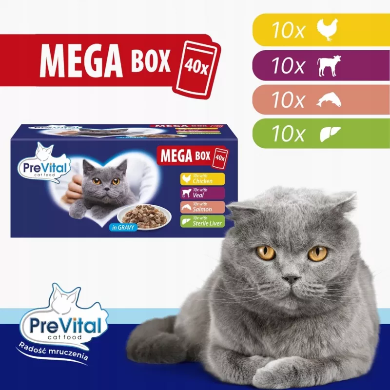 PREVITAL Mega Box vitela, salmão, fígado, frango - comida húmida para gatos - 40x100g