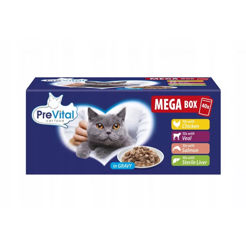 PREVITAL Mega Box vitela, salmão, fígado, frango - comida húmida para gatos - 40x100g