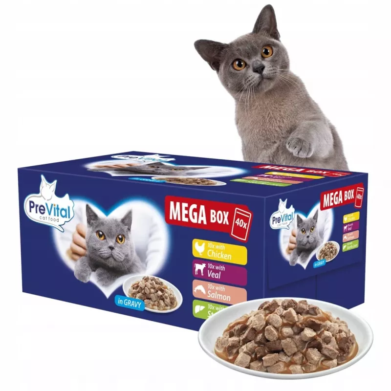 PREVITAL Mega Box vitela, salmão, fígado, frango - comida húmida para gatos - 40x100g