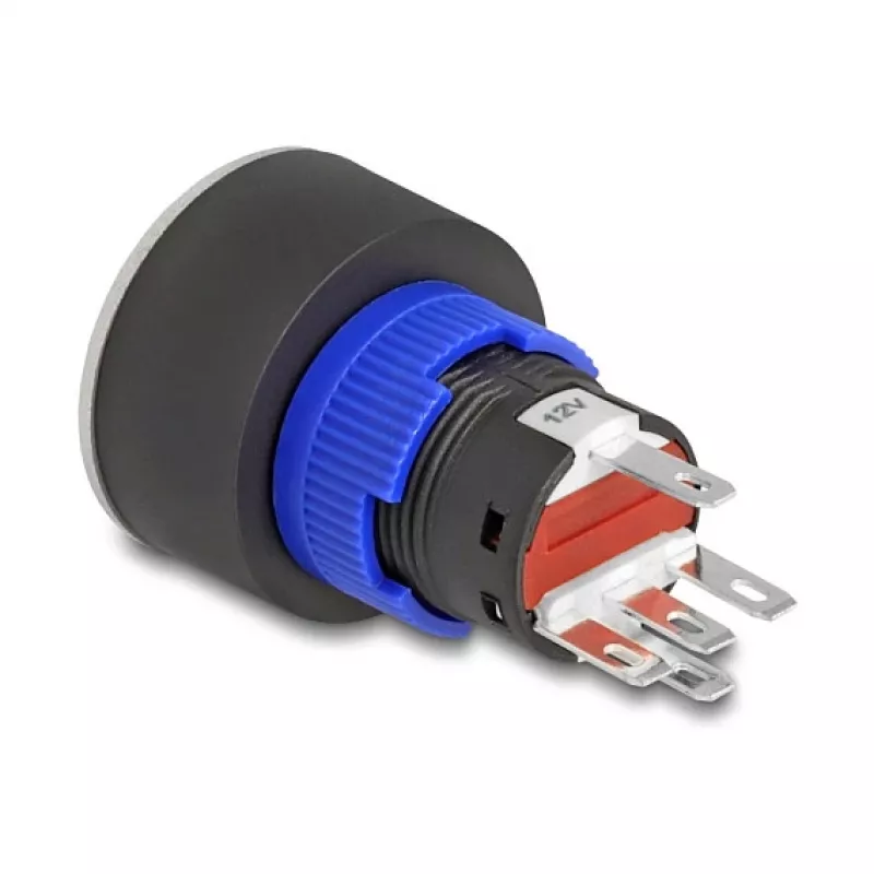 Botão de pressão de encastrar Delock 22 mm, plano, LED vermelho, ligações de solda, 1 NO, 230 V AC/DC