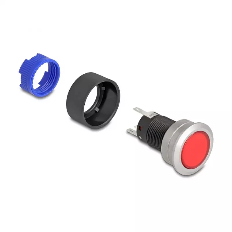 Botão de pressão de encastrar Delock 22 mm, plano, LED vermelho, ligações de solda, 1 NO, 230 V AC/DC
