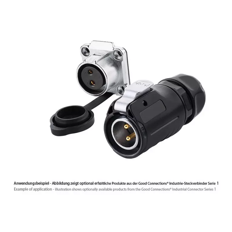 Conector de alimentação industrial Good Connections S1 - 2 pinos macho reto - caixa metálica - contactos banhados a ouro - IP67 - M20