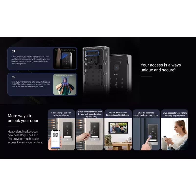 Kit de videoporteiro IP 4K EZVIZ HP7 Pro com monitor tátil de 7 polegadas, Wi-Fi 6, leitor de palma, reconhecimento facial, RFID, posto de rua IP65