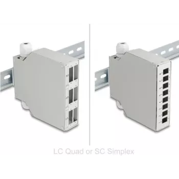Painel de patch de fibra ótica Delock 6 portas para SC duplex e LC quad com painel alternativo 8 x SC simplex ou LC duplex cinzento montagem em calha DIN (86095)