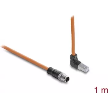 Delock cabo de M12 para RJ45 codificação X 8 polos macho reto - macho angular para cima S/FTP blindado Cat.6A 1 m laranja