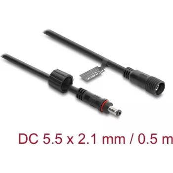 Delock cabo de extensão DC 5,5 x 2,1 mm macho para fêmea com fecho de rosca M12 x 1,75 mm estanque 18 AWG, 0,5 m preto