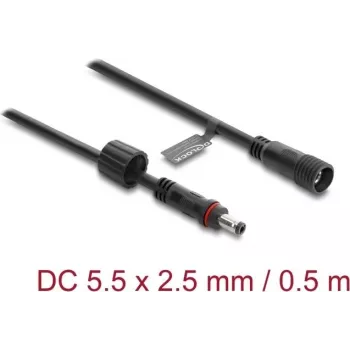 Cabo de extensão DC Delock 5,5 x 2,5 mm ficha macho para ficha fêmea com bloqueio de rosca M12 x 1,75 mm à prova de água 18 AWG, 0,5 m preto (67385)